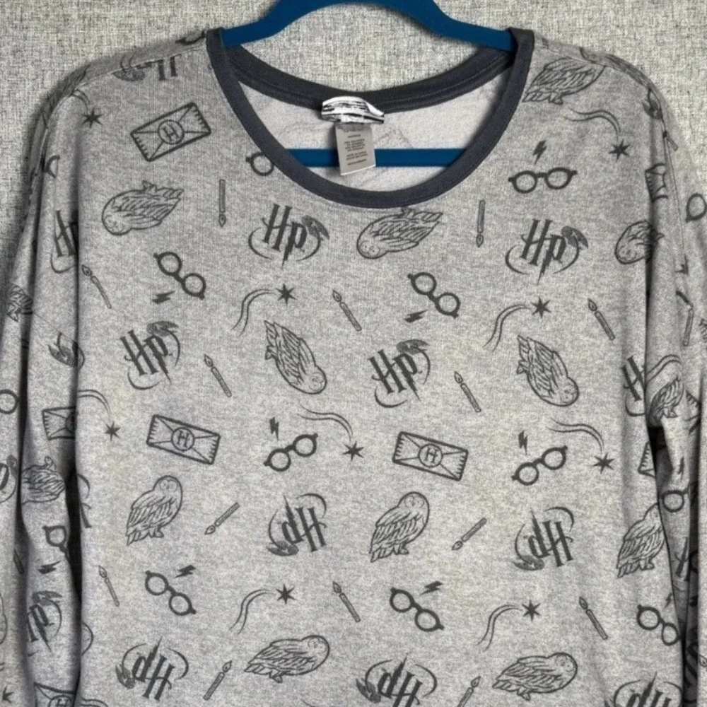 Wizarding World Harry Potter‎ Gray Owl Glasses Print Cozy Pajama Shirt MEDIUM